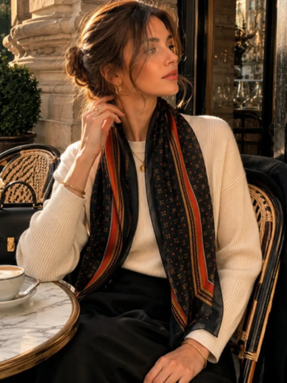 Vintage-Inspired Geometric Border Scarf | Paris Café Quiet Luxury Style